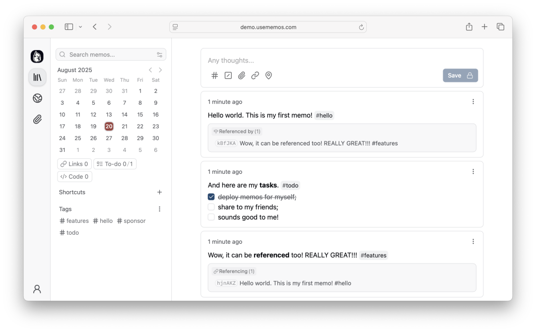 Memos 网页版操作界面演示