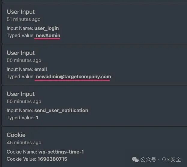 一连串用户输入事件,显示正在输入新管理员的用户名newAdmin和电子邮箱等信息。