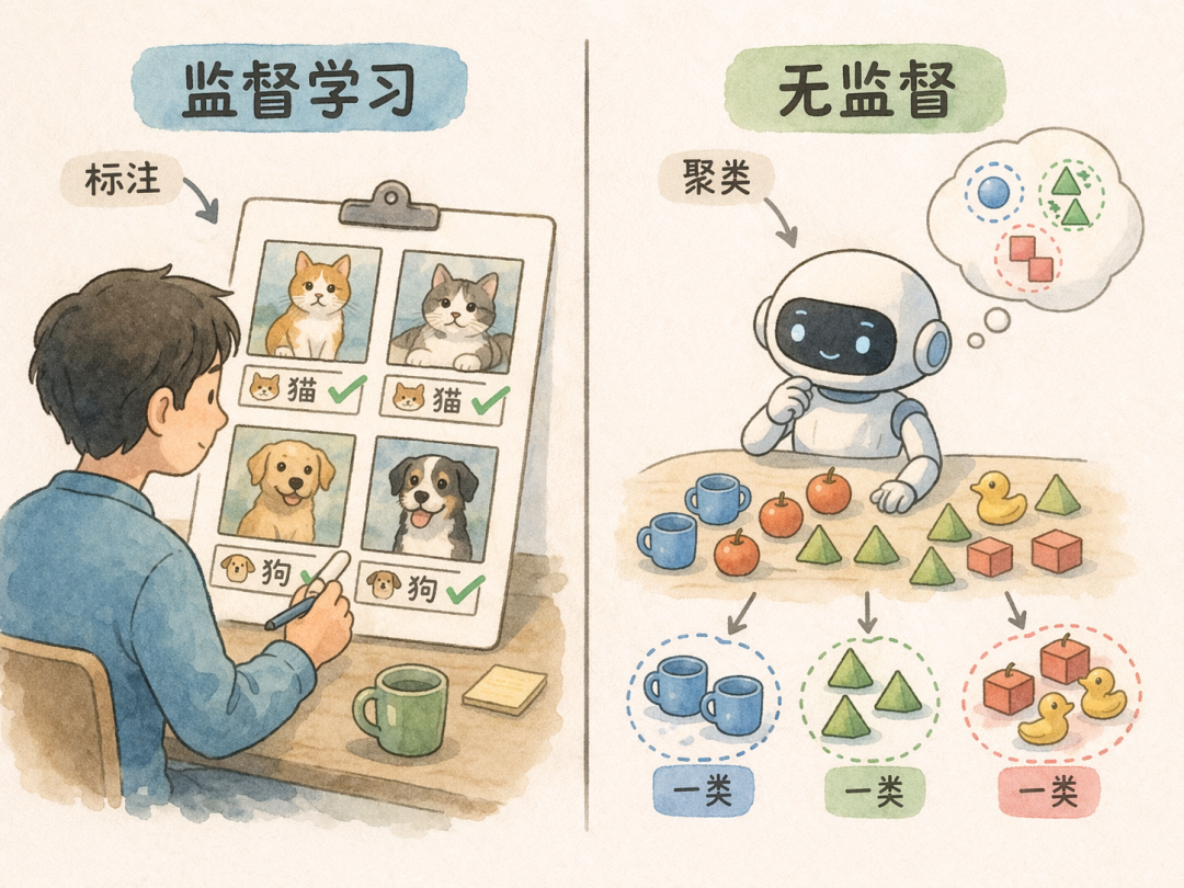 监督学习与无监督学习的对比插画：人类标注与机器人自主聚类