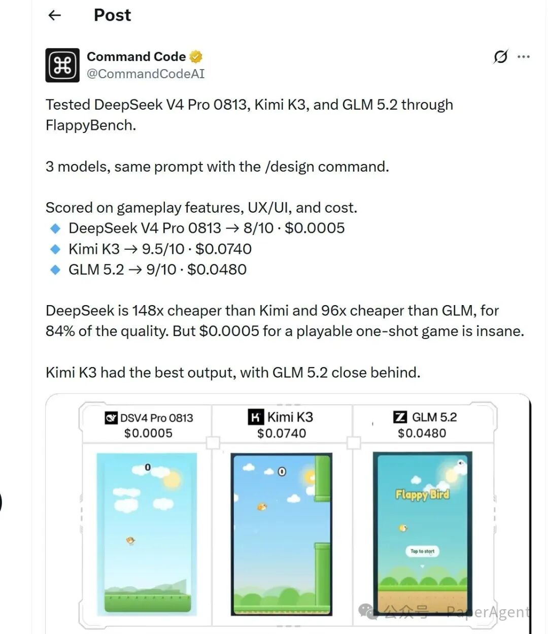 DeepSeek V4 Pro FlappyBench 游戏生成测试对比