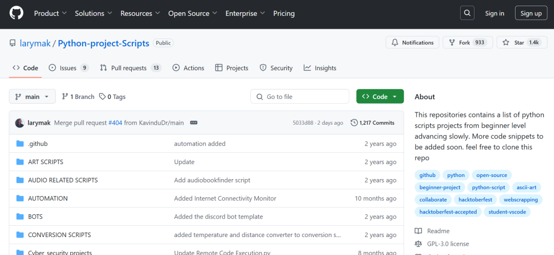 GitHub项目Python-project-Scripts主仓库页面截图,展示项目结构和描述