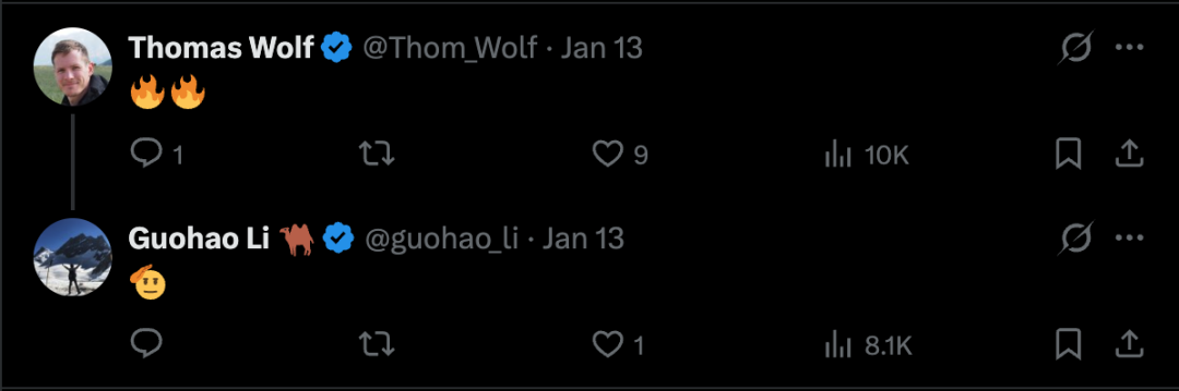 Thomas Wolf 和 Guohao Li 的互动推文截图