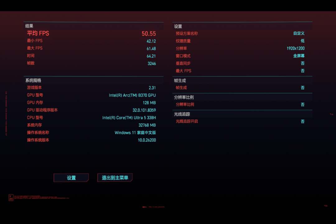 赛博朋克2077性能测试结果截图