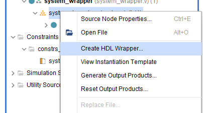 在 Sources 面板中右键创建 HDL Wrapper