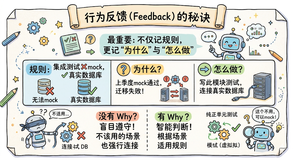 一张关于‘行为反馈(Feedback)的秘诀’的卡通风格信息图,整体呈卷轴样式,背景为米白色。顶部中央是标题‘行为反馈(Feedback)的秘诀’,配有机器人、齿轮、铅笔、书本等插画元素。主体分为多个区域:左上角‘规则’部分对比‘集成测试×mock’与‘真实数据库’,用红色叉和绿色对勾标识;中间‘为什么?’部分说明‘上季度mock通过,迁移失败!’并配服务器与齿轮图标;右侧‘怎么做?’部分展示‘写此模块测试,连接真实数据库’及服务器连接图。下方分三栏:左侧‘没有Why?’强调‘盲目遵守!不该用的场景也强行连接’,配蒙眼机器人;中间‘有Why?’强调‘智能判断!根据场景适用规则’,配齿轮与对勾;右侧‘纯正单元测试’说明‘这个不用,可以mock!’,配持放大镜的机器人。