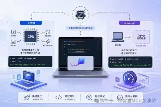 Zephyr QEMU 与 native-sim 对比示意图