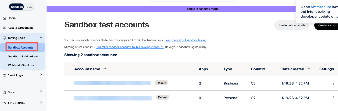 PayPal沙箱测试账户列表
