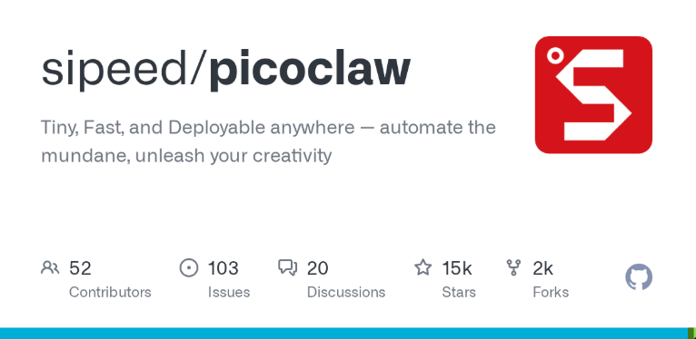 PicoClaw GitHub 仓库首页截图，展示项目概览与数据