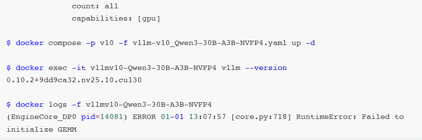 终端日志截图:`docker logs`输出GEMM初始化失败错误