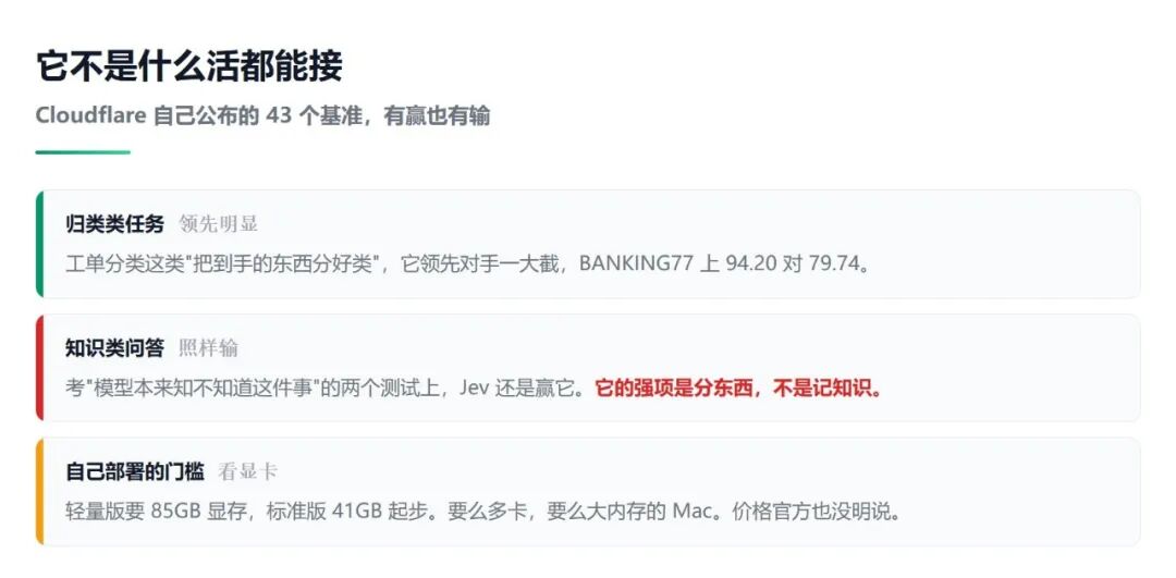 Cloudflare Clef 模型 43 项基准测试成绩分类:分类任务领先、知识问答落后、部署门槛看显卡
