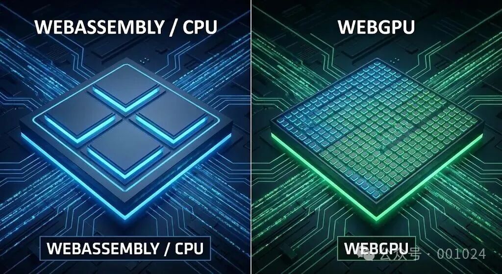 WebAssembly CPU核心示意图与WebGPU并行计算架构对比图