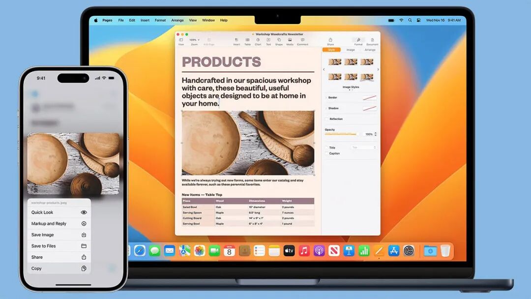 Apple 通用剪贴板功能演示:iPhone 复制图片后粘贴到 Mac 的 Pages 文档中