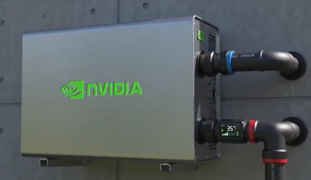 NVIDIA设备箱侧面连接液冷管道并显示35℃温度