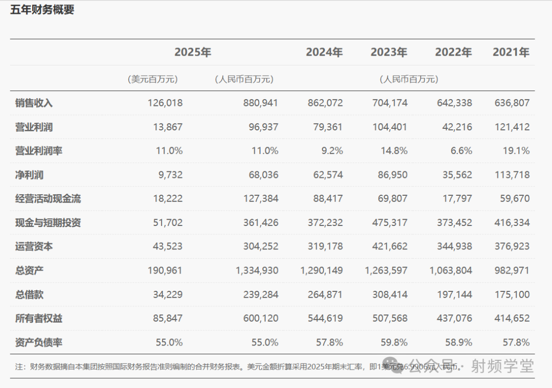 华为五年财务概要数据表
