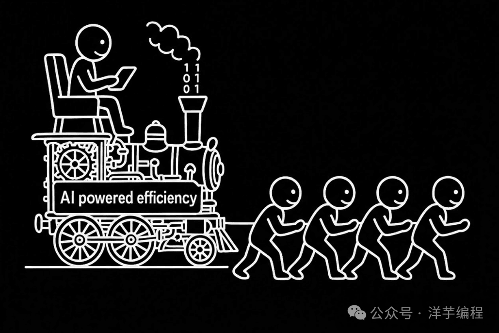 黑白线条风格插画:左侧蒸汽火车车头有AI powered efficiency文字,烟囱冒出二进制数字烟雾,驾驶室中一人手持平板;右侧四名简笔小人列队弯腰向前拉火车,体现人机协作推进的意象