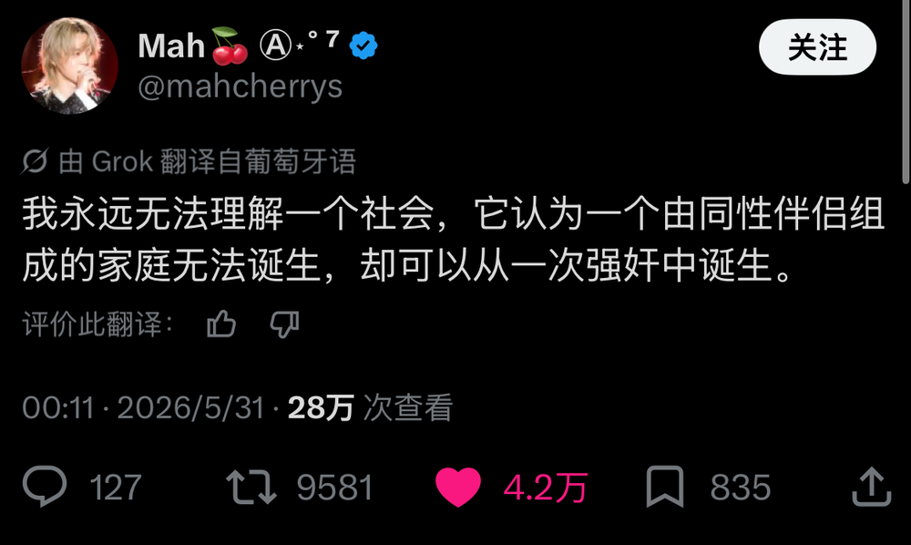 推文截图:我永远无法理解一个社会,它认为一个由同性伴侣组成的家庭无法诞生,却可以从一次强奸中诞生