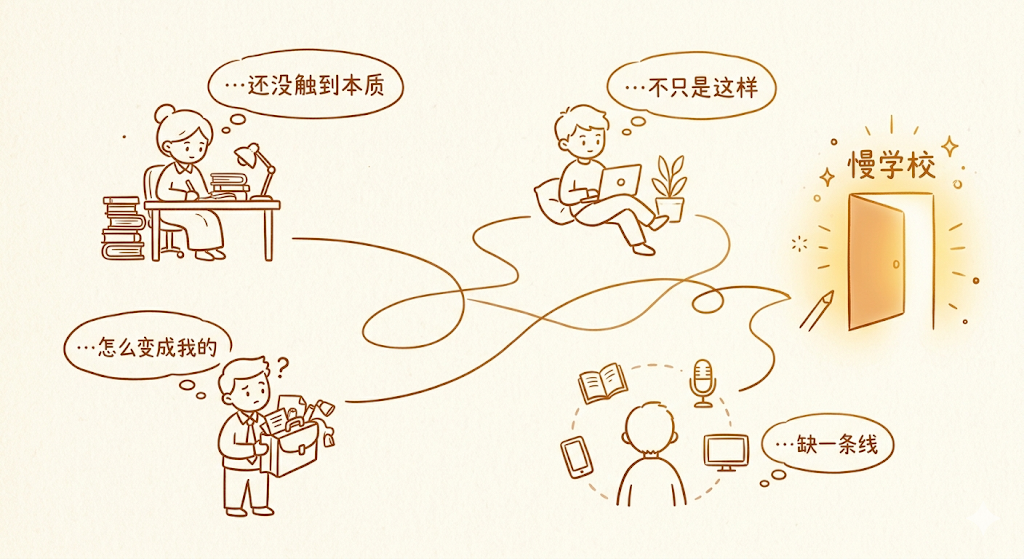 一幅描绘不同人在学习与探索中面临困惑的插画