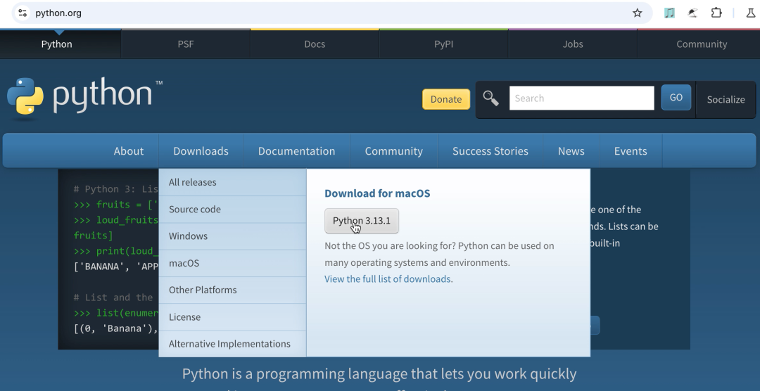 Python官方网站下载页面截图