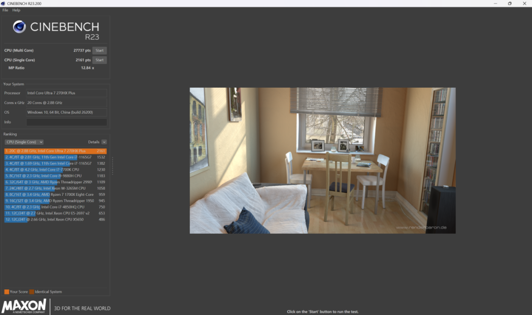 CINEBENCH R23.200软件界面截图，显示CPU多核跑分为27737 pts
