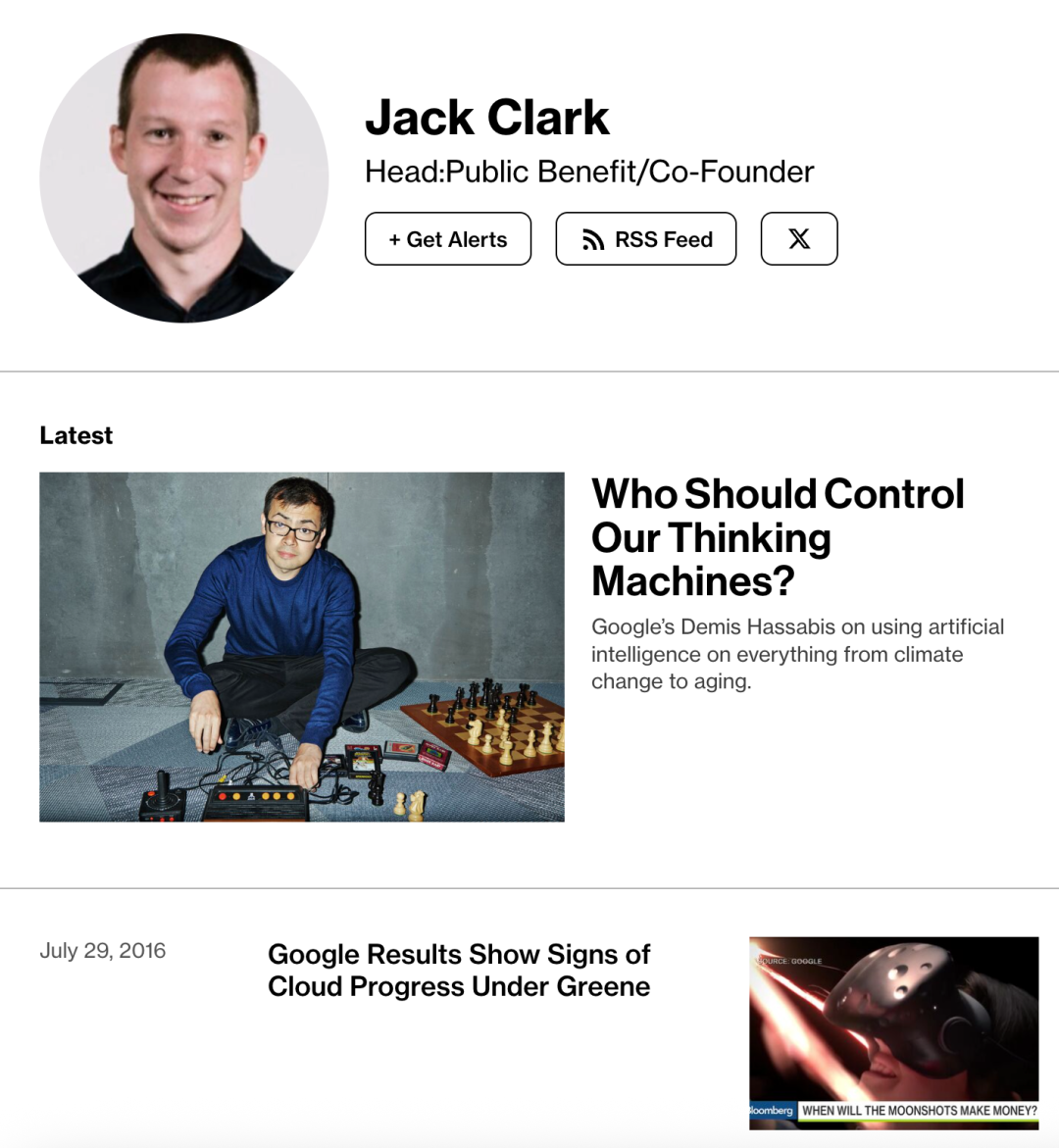 Jack Clark 在彭博社的作者档案页面截图