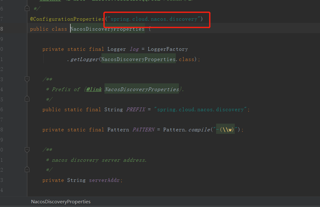 NacosDiscoveryProperties类，通过@ConfigurationProperties绑定配置