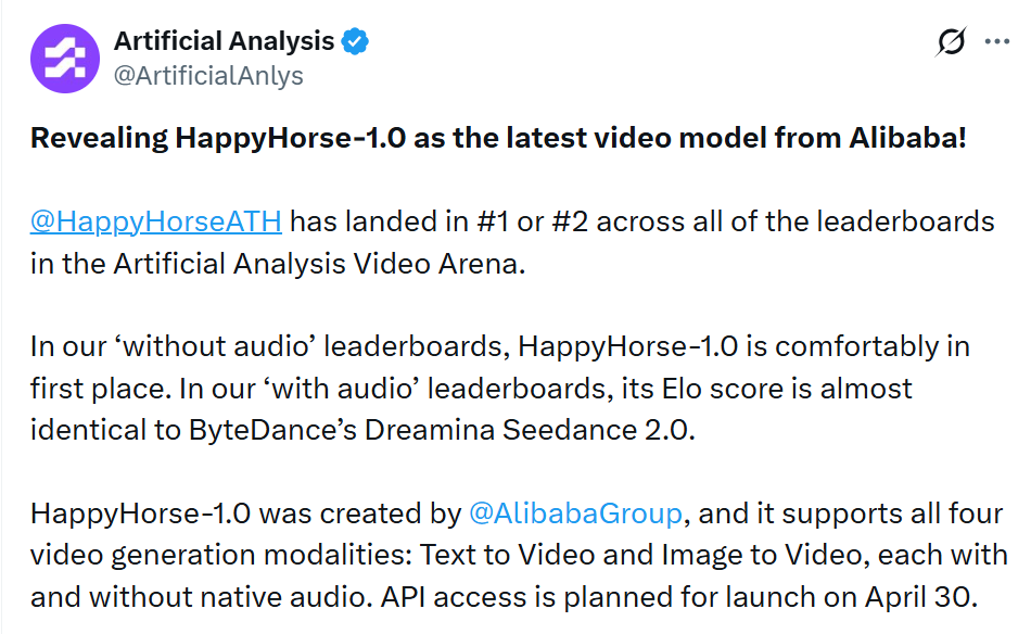 Artificial Analysis发布的HappyHorse-1.0模型评测推文截图