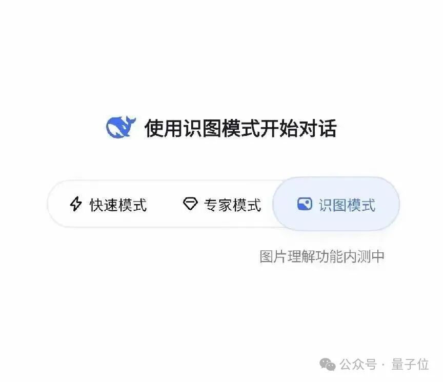 使用识图模式开始对话：界面左侧有蓝色鲸鱼图标，右侧显示三个模式按钮，其中识图模式高亮选中，下方提示“图片理解功能内测中”