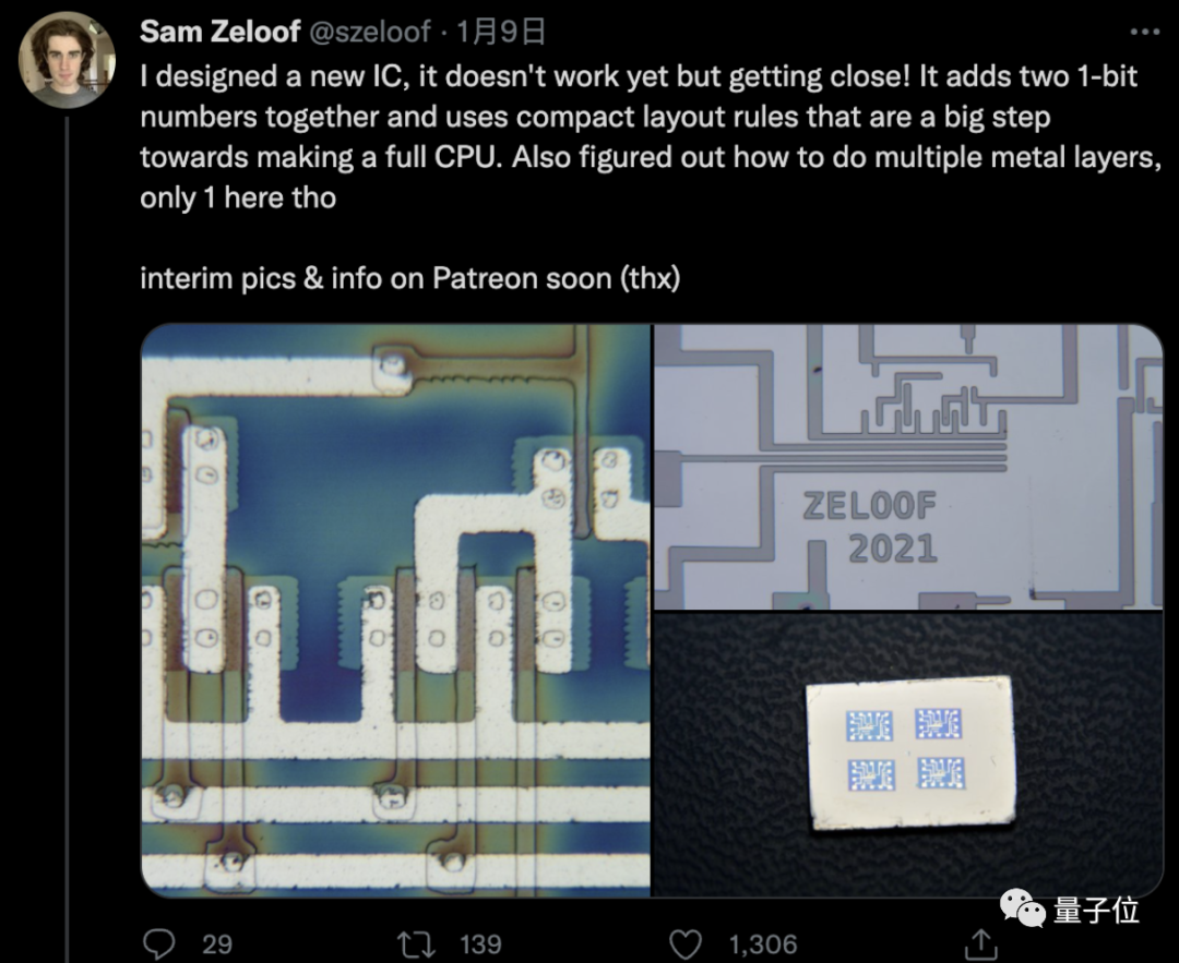 Sam Zeloof发布关于新芯片设计的推文截图