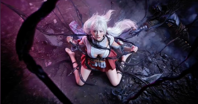 白发少女被黑色触手束缚的游戏概念图