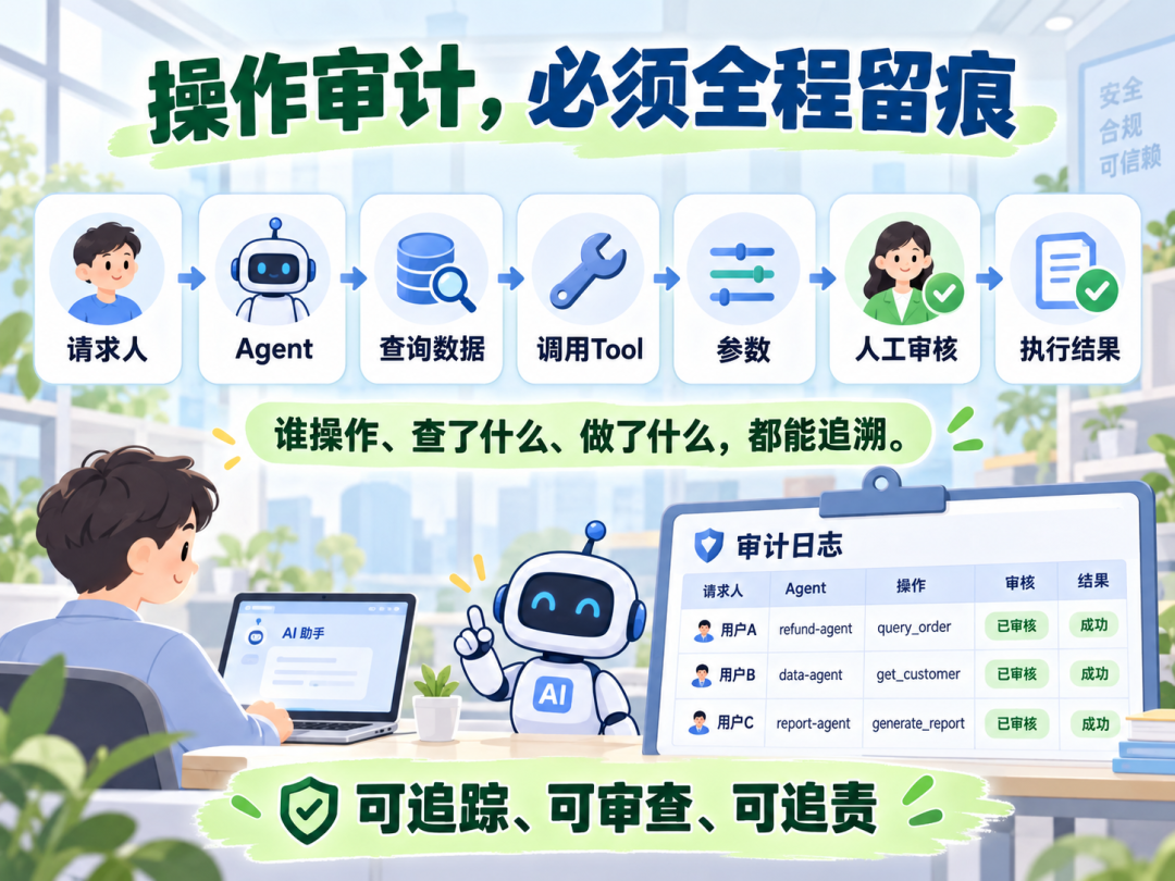 操作审计流程:请求人、查询数据、调用Tool、人工审核、执行结果全程留痕
