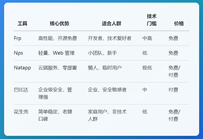五款内网穿透工具特性对比表格