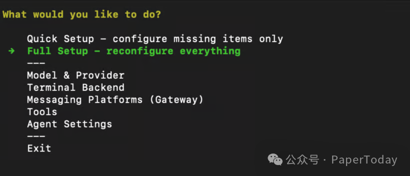Hermes Agent配置选项菜单
