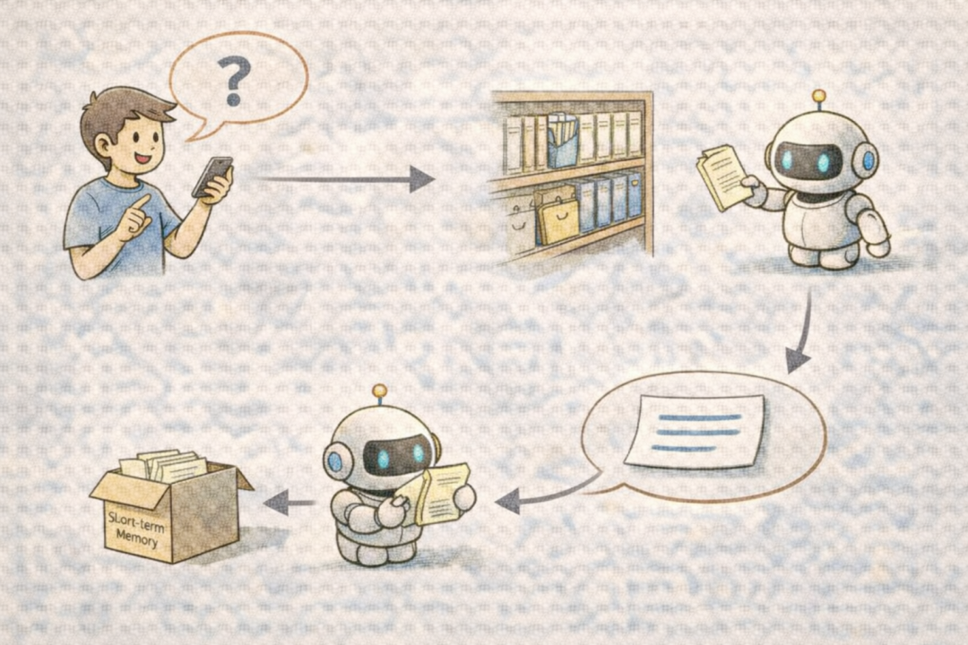 RAG工作流程示意图：用户提问、检索知识库、增强生成回答