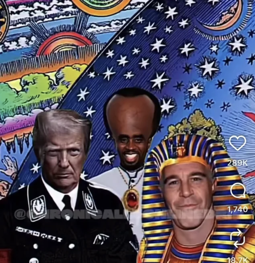 融合了特朗普、说唱歌手和法老头像的迷幻风格拼贴画