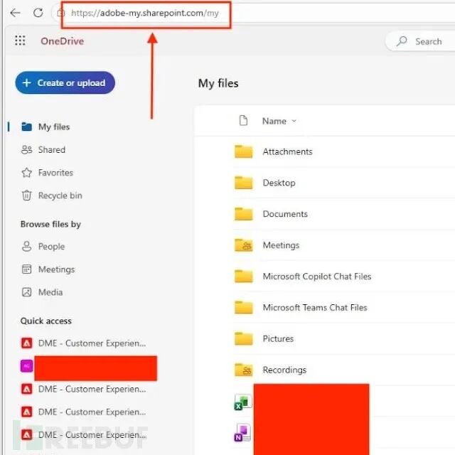 攻击者获取访问权限的Adobe OneDrive界面截图