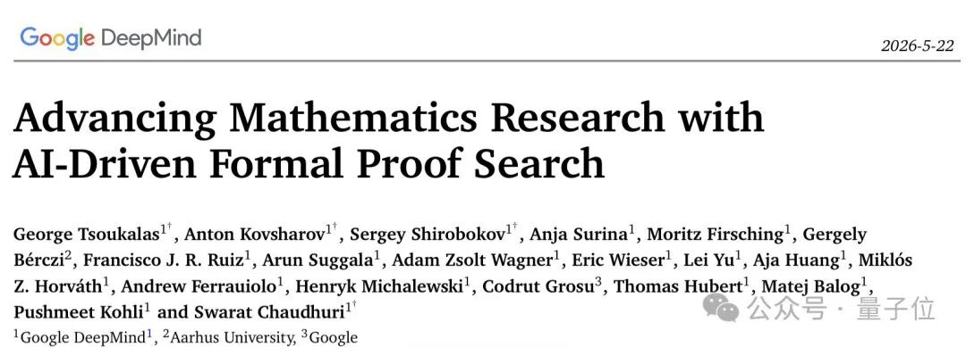 谷歌DeepMind团队发表的论文标题页,标题为《Advancing Mathematics Research with AI-Driven Formal Proof Search》,列出了20位作者的姓名及所属机构