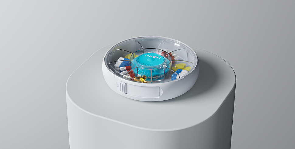 放置在圆柱形底座上的现代风格圆形透明智能药盒