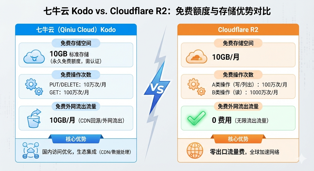 七牛云 Kodo 与 Cloudflare R2 免费额度对比图