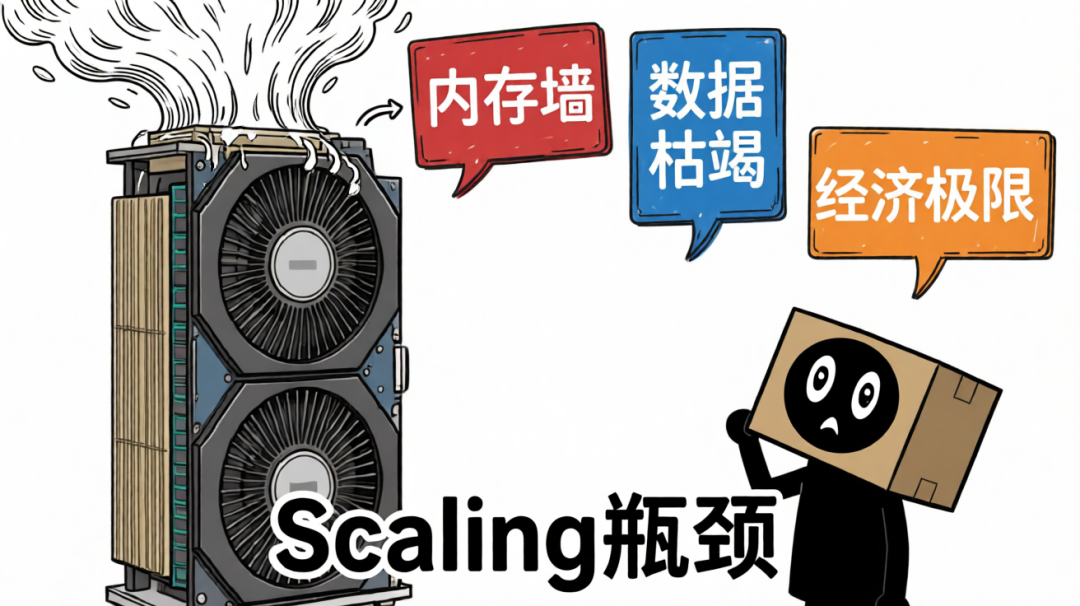 卡通插画:GPU过热冒烟,内存墙、数据枯竭、经济极限成为Scaling瓶颈