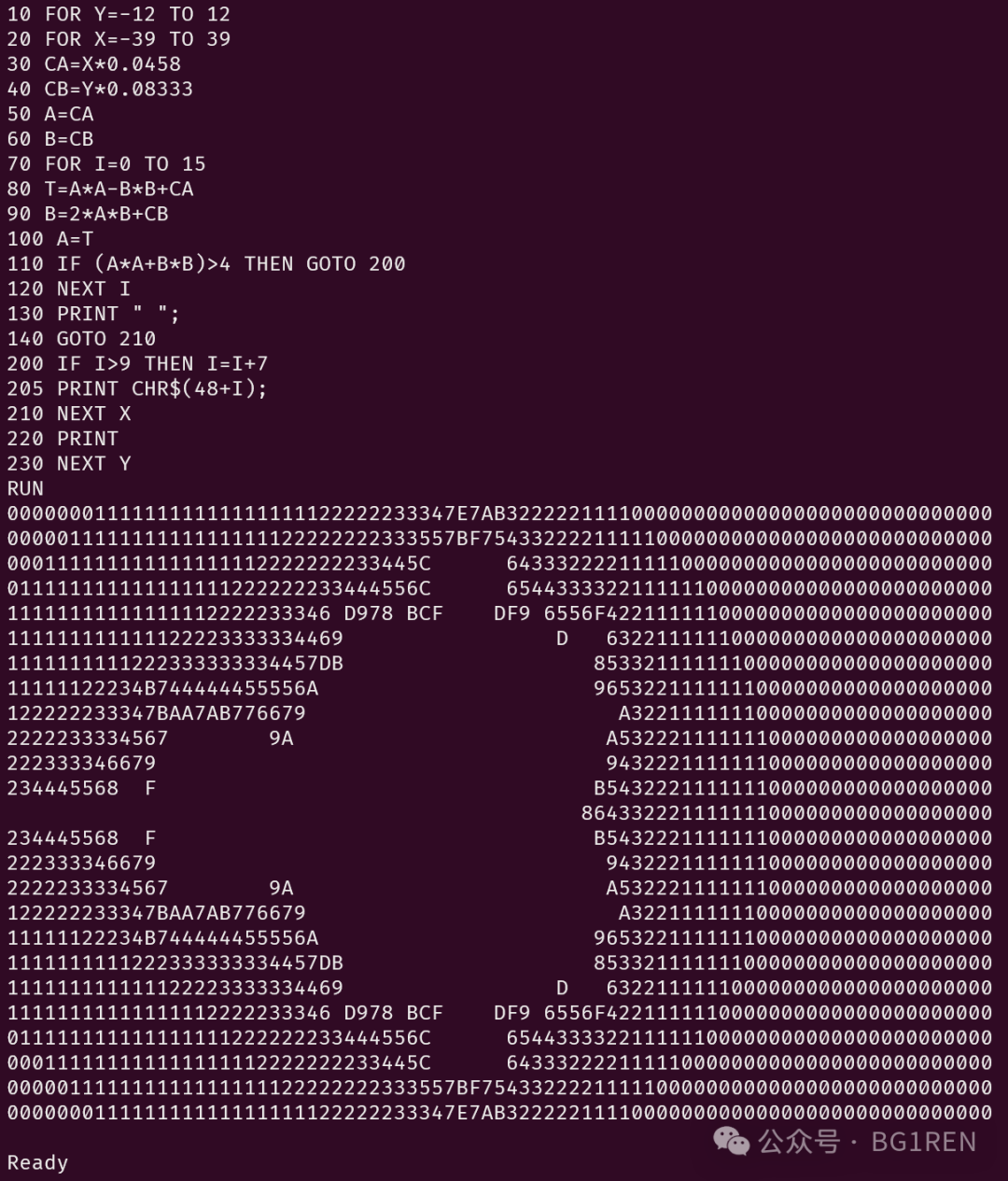 在Sim6502上运行Mandelbrot集绘制程序的结果