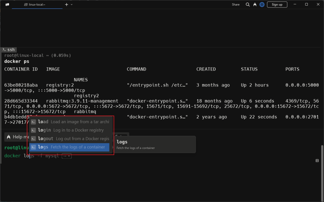 Warp使用Tab键触发详细命令提示
