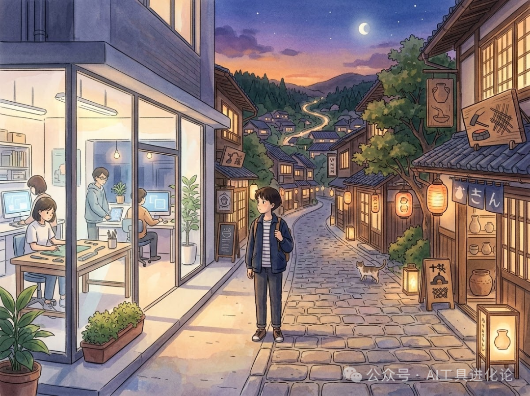 宁静的日式街景插画,象征技术演变的渐进与融合