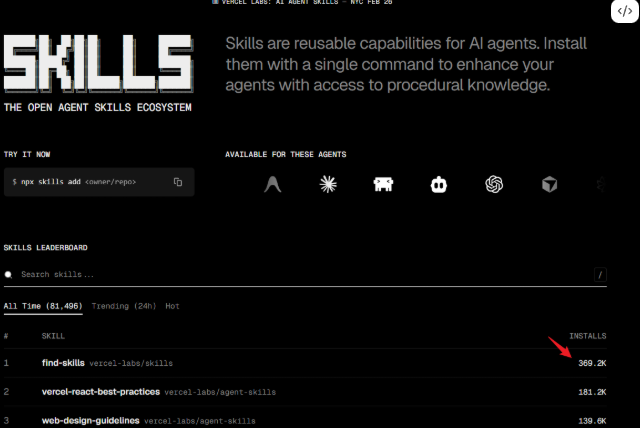 skills.sh 平台技能排行榜截图