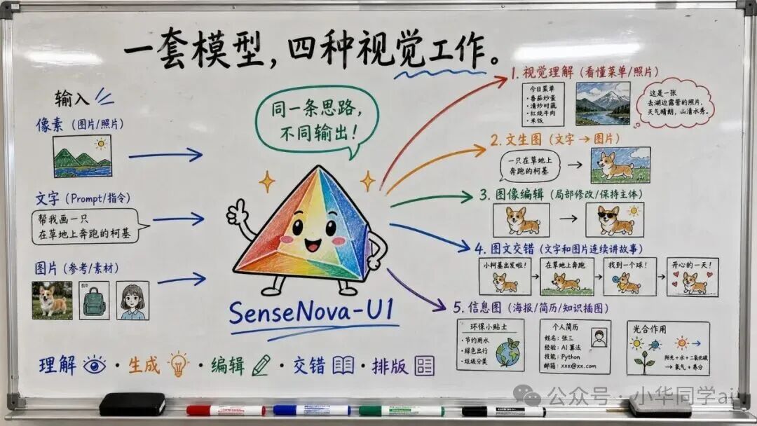 SenseNova-U1一套模型覆盖理解、生成、编辑、交错、信息图五种视觉任务