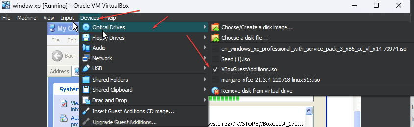 VirtualBox 设备菜单中挂载 VBoxGuestAdditions 光驱