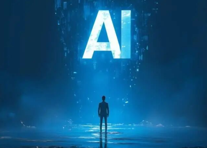 科技感AI字母与人形剪影的粒子化表现