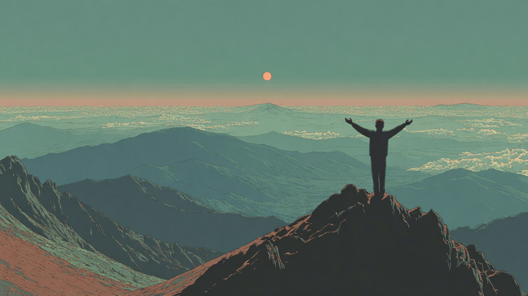 一个人站在山顶面向广阔天地的象征性插图