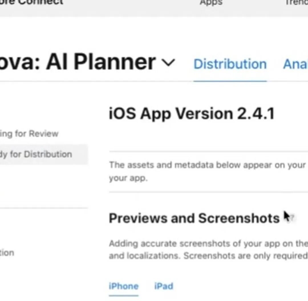 App Store Connect 中 Nova: AI Planner 版本状态页面