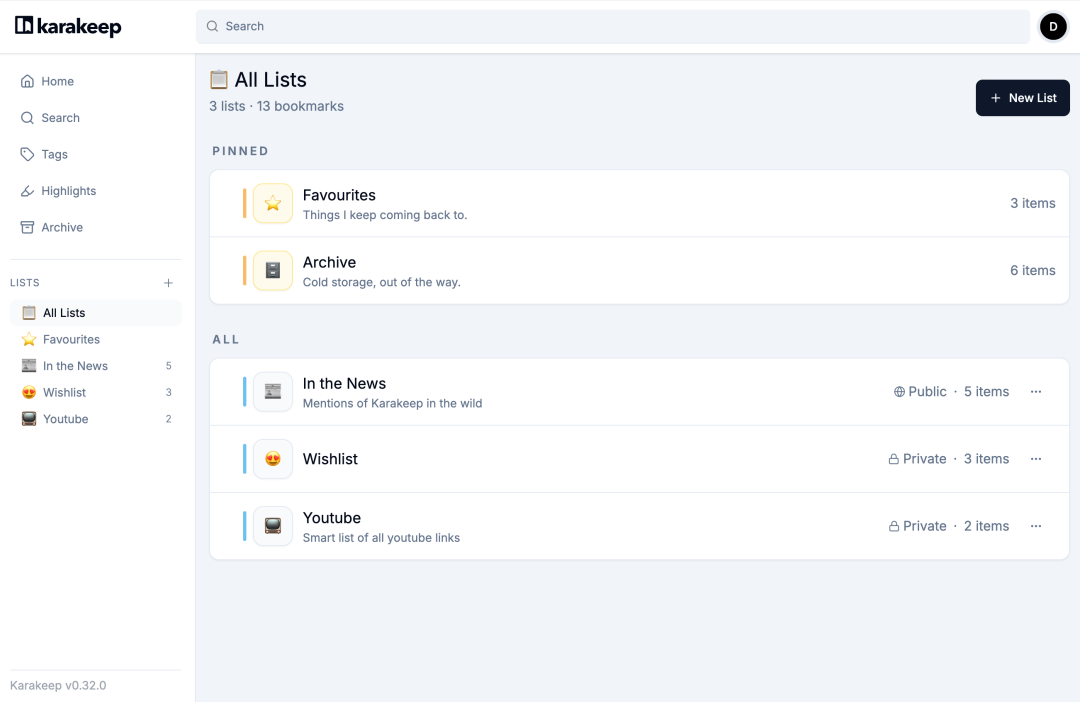 Karakeep 列表管理页面截图